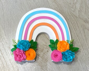 Floral Rainbow Shelf Sitter // Orange Teal and Pink Decor // Wood Rainbow Decor // Felt Floral Rainbow