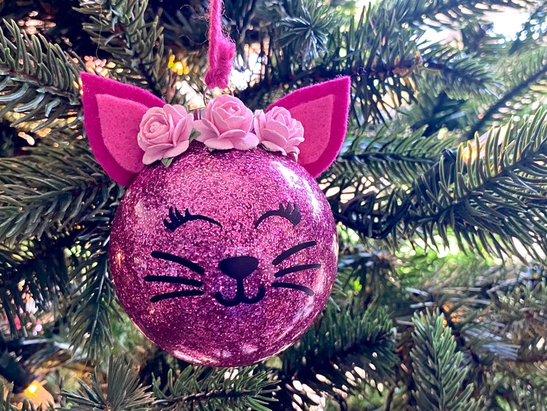 Glitter Cat Christmas Ornament // Christmas Gift for Cat Lover Pink