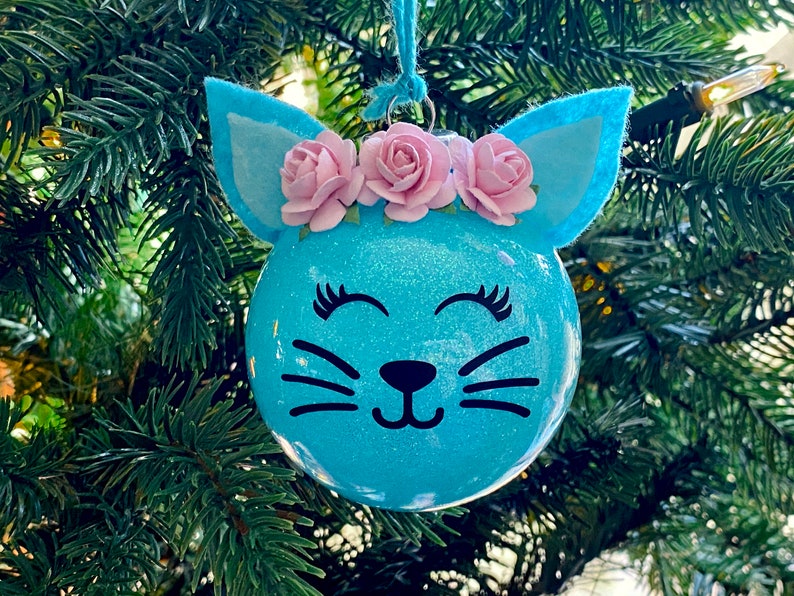 Glitter Cat Christmas Ornament // Christmas Gift for Cat Lover Blue