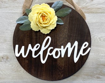 Yellow Rose Welcome Wood Door Hanger // Welcome Sign // Floral Door Hanger // Large Felt Rose