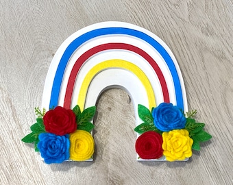 Floral Rainbow Shelf Sitter // Red, Yellow, and Blue Decor // Wood Rainbow Decor // Felt Floral Rainbow // Primary Colors