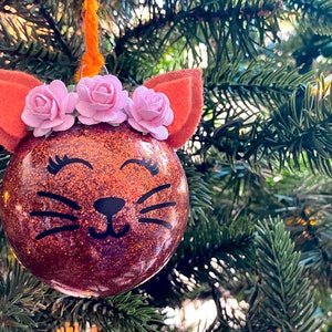 Glitter Cat Christmas Ornament // Christmas Gift for Cat Lover Orange/Copper