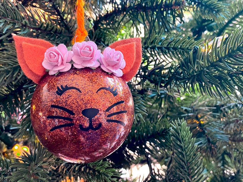 Glitter Cat Christmas Ornament // Christmas Gift for Cat Lover Orange/Copper