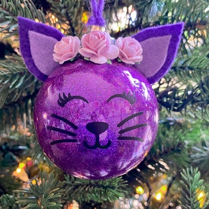 Glitter Cat Christmas Ornament // Christmas Gift for Cat Lover Purple