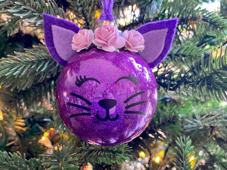 Glitter Cat Christmas Ornament // Christmas Gift for Cat Lover Purple