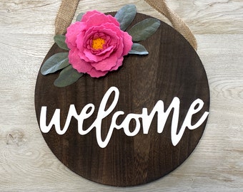 Pink Rose Welcome Wood Door Hanger // Welcome Sign // Welcome Door Hanger // Door Decor