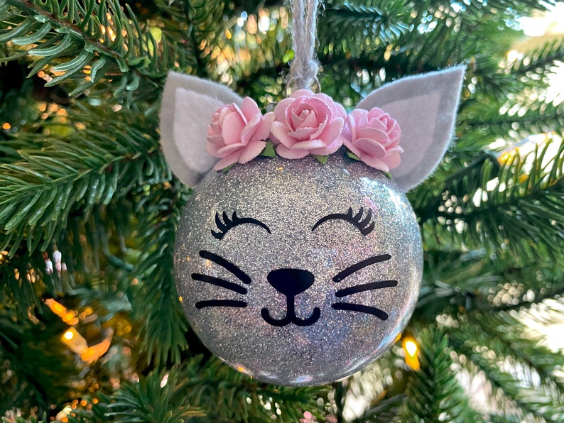 Glitter Cat Christmas Ornament // Christmas Gift for Cat Lover Silver