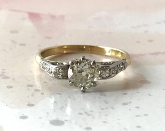 Old Cut Diamond Ring (1 ct) set in a Platinum Gallery with Diamonds to Shoulders & 18 ct Yellow Gold Shank - Size UK "P 1/2" US "7.75"