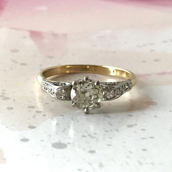 Old Cut Diamond Ring (1 ct) set in a Platinum Gallery with Diamonds to Shoulders & 18 ct Yellow Gold Shank - Size UK "P 1/2" US "7.75"