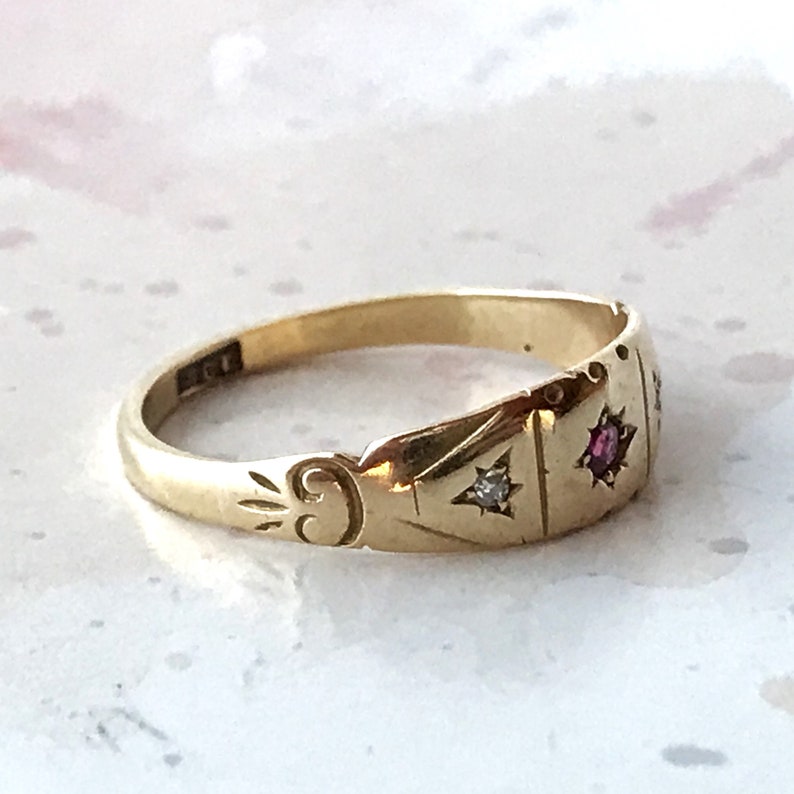 Gypsy Ring with Ruby and Diamonds in a Starburst Setting set in 18 ct. Solid Yellow Gold-Size UK Q US 8 Weight 2.7 g's image 5