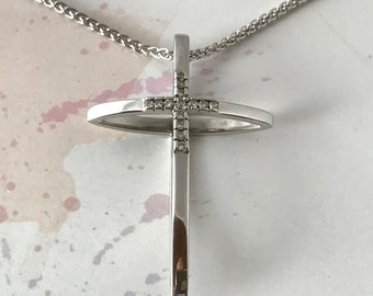 Large 9 ct Solid White Gold Cross Pendant with 14 Paved Set Diamonds & 24-inch long Fancy Link Chain - Full UK Hallmarks - Weight 10.6 g's