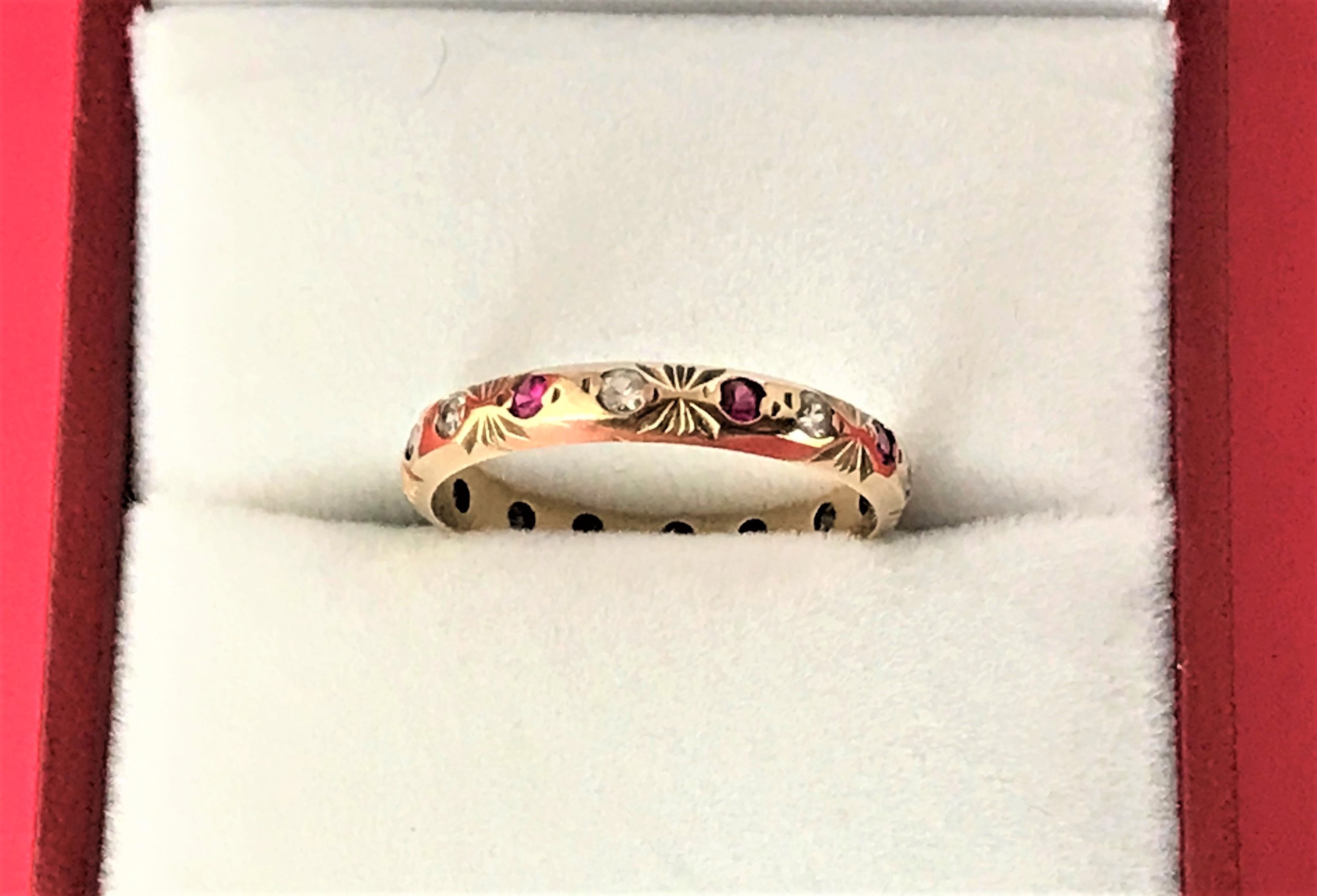 Ring Size  M 1/2 Solid Yellow Gold Full Eternity Band Ring set with 8 Rubies and 8 Colourless Spinel Stones Ladies 9 ct Hallmarked