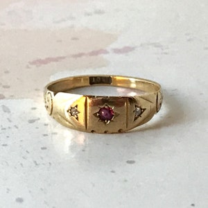 Gypsy Ring with Ruby and Diamonds in a Starburst Setting set in 18 ct. Solid Yellow Gold-Size UK Q US 8 Weight 2.7 g's image 1