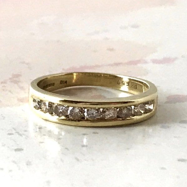 Diamond Band Ring Channel Set with 9 Brilliant Cut Diamonds (0.50 ct.) in 18 ct Solid Yellow Gold-Ring Size UK "L 1/2" US "6" - UK Hallmark