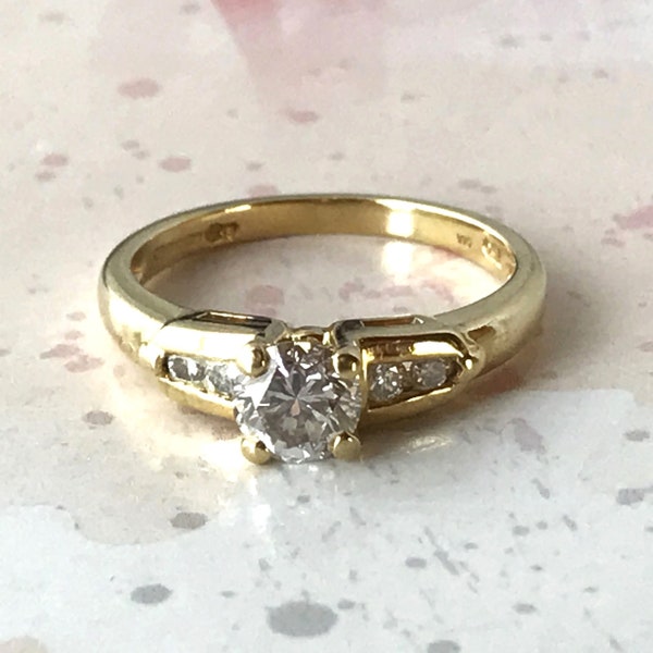 Natural Diamond Solitaire Ring (0.5 ct.) in 18 ct Solid Yellow Gold with 4 Diamonds to Shoulders  - Ring Size UK "L" US "5.75" - Hallmarked