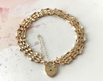 Gate Bracelet with Heart Padlock and Safety Chain in 9 ct Solid Yellow Gold, 7-inches long, 8 mm wide -Full UK Hallmarks - Gold Weight 4 g's