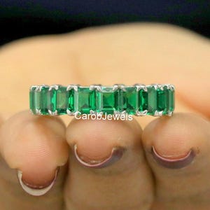 5x4MM Emerald Cut Green Emerald Gemstone Band, Full Eternity Diamond Women&#39;s Band, May Birthstone Band, 14k White Gold Matching Wedding Band