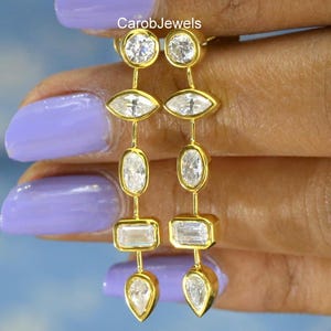 Bezel Set Earrings, 2.6 TCW Multi Shape Moissanite Diamond Wedding Earrings, Dangle Drop Earrings In 14k Yellow Gold, Bridesmaid Earrings
