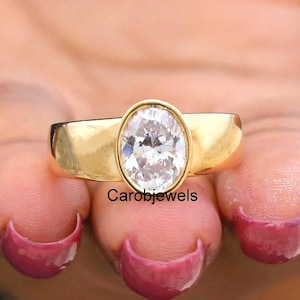 Solitaire Diamond Ring, 2 Ct Oval Cut Moissanite Wedding Ring, Bezel Set Diamond Ring, 14k Gold Wide Band Ring, Unique Ring, Bridesmaid Gift
