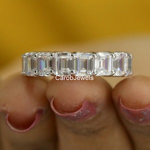 Full Eternity Engagement Band, 11 TCW Emerald Cut Colorless Moissanite Bridesmaid Band, 18K White Gold Band, Matching Band, Stacking Band