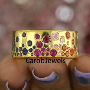 Flush Set Scattered Multi Color Gemstone Band, Gorgeous Cigar Wide Band, CZ Diamond, 14K Yellow Gold Wedding Proposal Band, Anniversary Gift