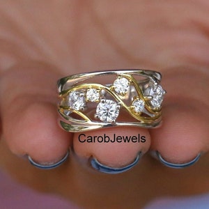 Antique Round Cut Moissanite Diamond Ring, Two Tone Highway Interlocking Wedding Band, Bridal Matching Stackable Ring, Colorless Moissanite