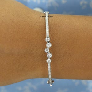 Round Brilliant Cut Moissanite Bangle, Bezel And Pave Set Diamond Half Eternity Bangle, Modern Bangle Bracelet, 18k Gold Engagement Bangle