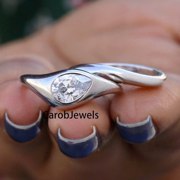 9x6mm Pear Cut Moissanite Set In Flush Set East To West Setting, Domed Ring & Curved Band To Fit Together, 14k White Gold Tear Drop Ring Set