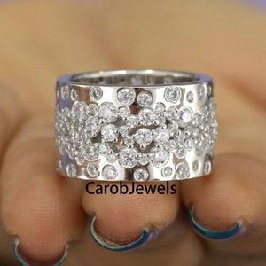 10k White Gold Wedding Band, Flush With Prong Set Scattered Diamond Band, Stunning Moissanite Full Eternity Band, Unique Wide Band For Women