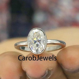 3.00 CT Oval Cut Farblos Moissanit Verlobungsring, Solitär Diamant Ring in Zargenfassung, Ehering 18K Weißgold, Brautjungfer Geschenk