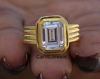 9x7 MM Emerald Cut Colorless Moissanite Wedding Ring, Solid 18k Yellow Gold Ring Gift For Him, Bezel Set Ring, Men's Statement Unique Ring