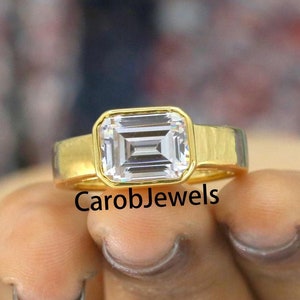 14k Yellow Gold Wedding Ring, East To West 2.50 CT Emerald Cut Moissanite Ring, Unique Bezel Setting Solitaire Diamond Ring, Wide Band Ring