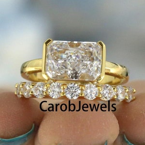 Moissanite Ring Set In 18k Gold, East To West 3.30 CT Radiant Cut Half Bezel Set Moissanite Solitaire Ring, Moissanite Half Eternity Band
