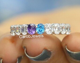 Topacio azul y amatista con moissanita incolora de corte ovalado de 4 x 3 mm, anillo de propuesta de oro blanco de 18 k, anillo de diamantes de eternidad completa