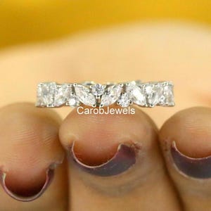 Full Eternity Diamond Matching Band, 3 TCW Alternative Marquise And Round Cut Moissanite Anniversary Band, 14k White Gold Bridesmaid Band