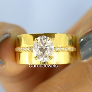 Wide Band Ring, 2 CT Oval Cut Colorless Moissanite Ring, 10k Yellow Gold Anniversary Ring, Pave Accents Diamond Ring, Beautiful Women&#39;s Ring