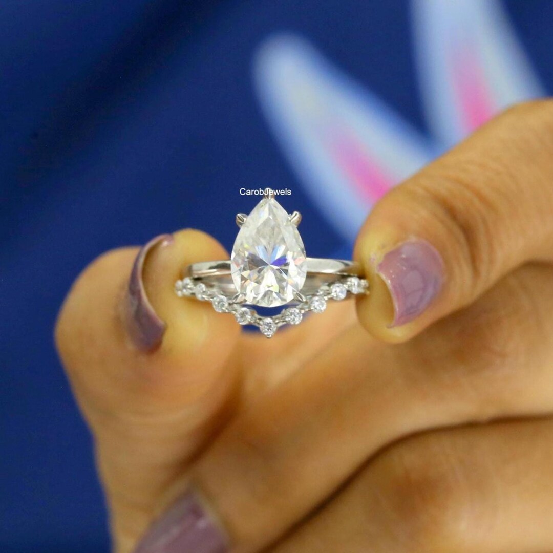 12x8 MM Pear Cut Moissanite Solitaire Teardrop Ring, With Round Cut ...