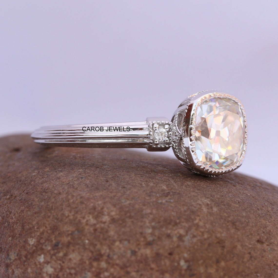 2.50 Ct Antique Cushion Moissanite Engagement Ring 14k White Etsy