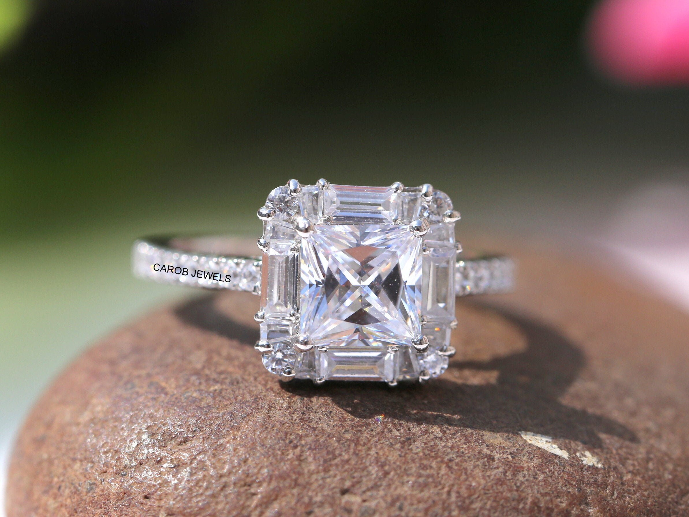 Unique Baguette Halo Engagement Ring 1.50 Carat Princess Cut Etsy