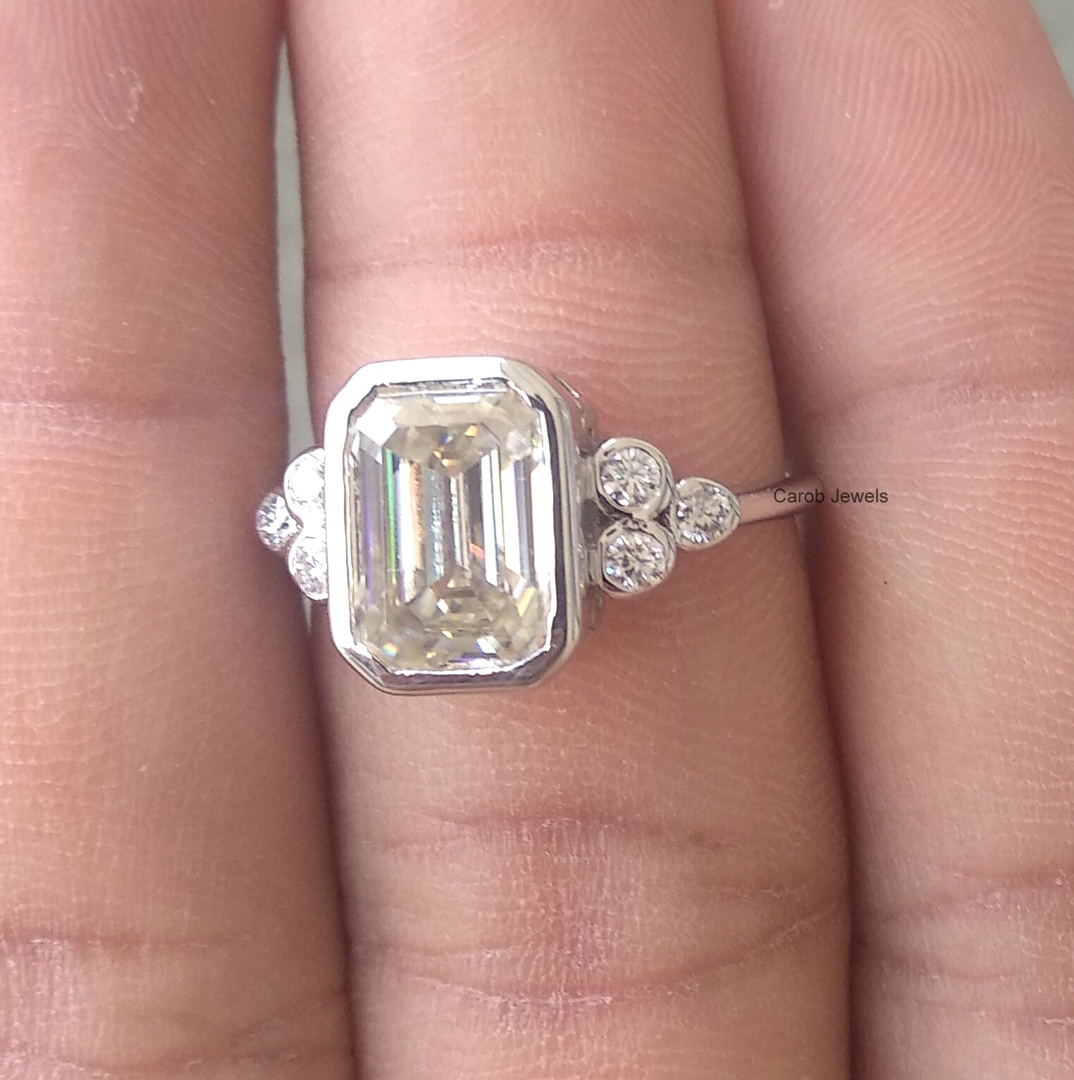 1.75 Ct Emerald Cut Moissanite Bezel Set Engagement Ring 10K Etsy