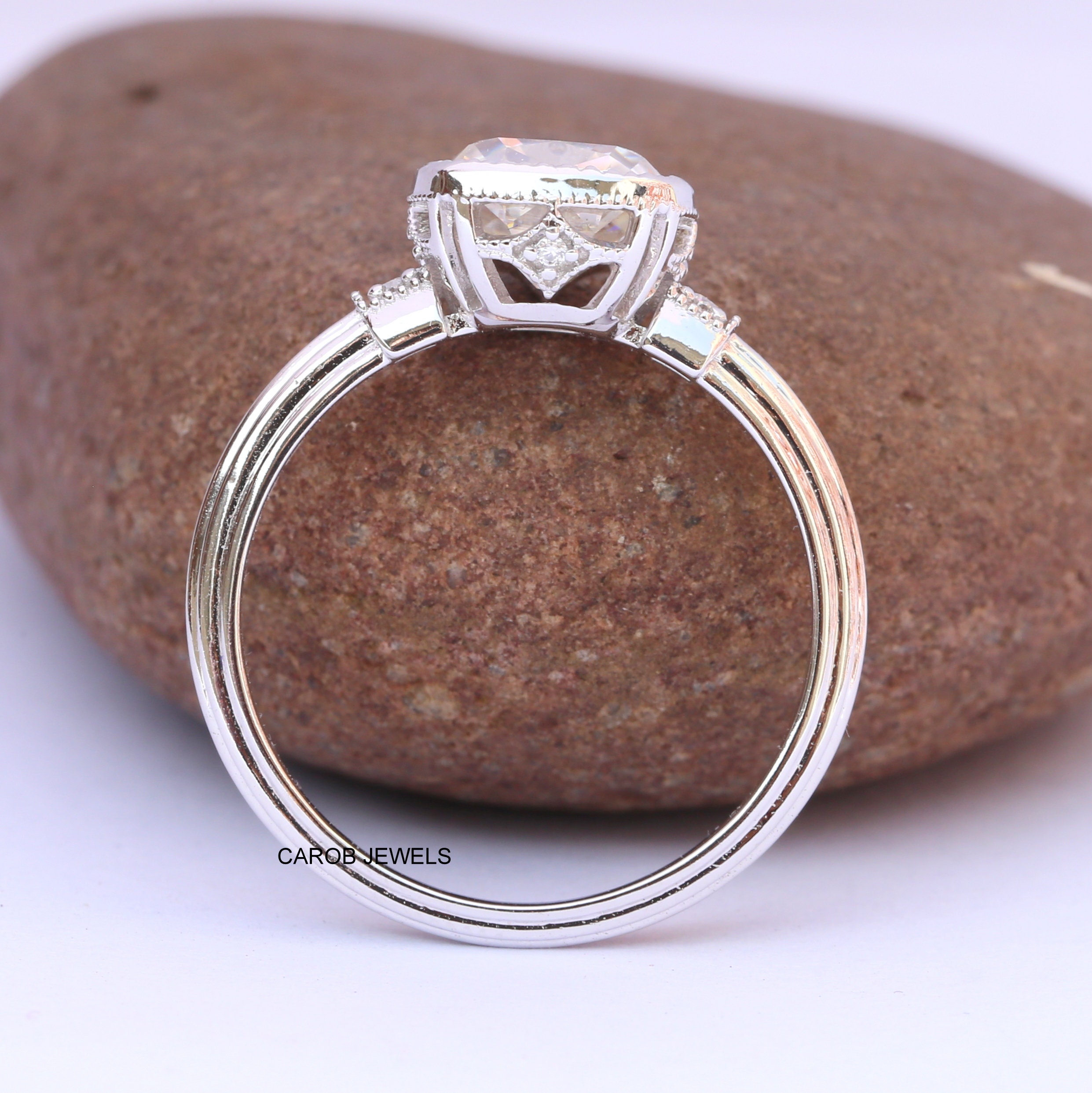 2.50 Ct Antique Cushion Moissanite Engagement Ring 14k White Etsy