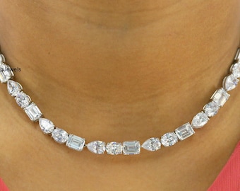 Emerald, Pear And Oval Cut Colorless Moissanite Necklace, Stunning Tennis Diamond Necklace, 14k White Gold Wedding Necklace, Bridesmaid Gift