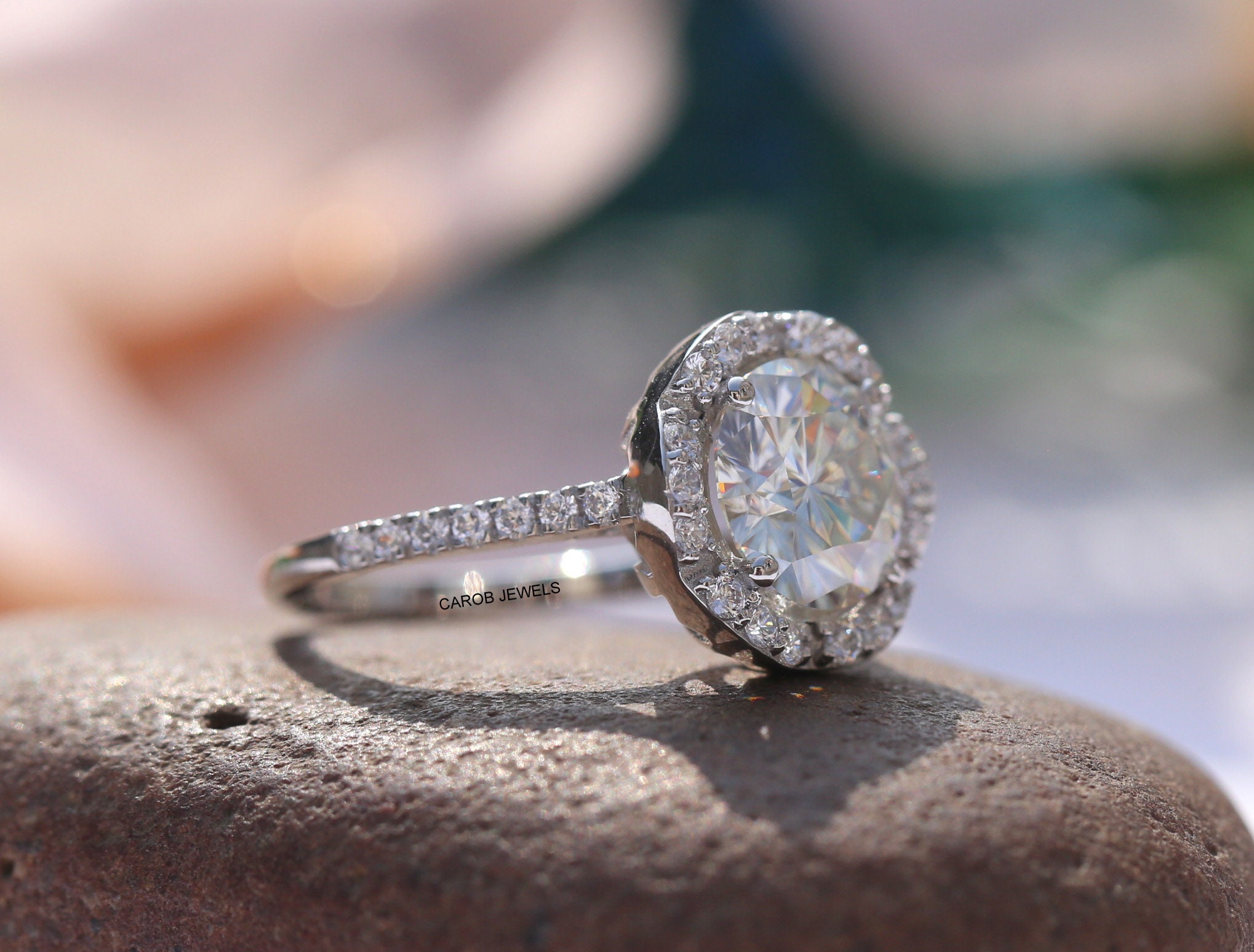 Flower Halo Engagement Ring 3.35 Ct Round Cut Colorless Etsy