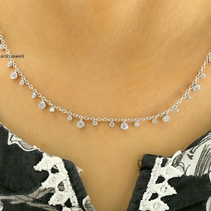 Elegant Dangling Diamond Necklace For Women, Round Cut Moissanite Wedding Necklace, Bezel Setting Diamond Necklace, 18K White Gold Necklace