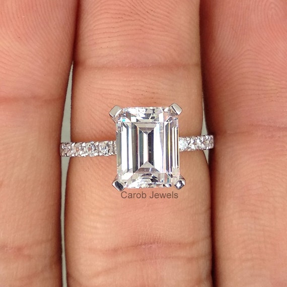 3 Ct Emerald Cut Moissanite Ring 14K White Gold Colorless | Etsy