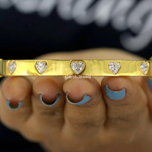 5 MM Heart Cut Moissanite Wedding Bangle, Flush Setting Diamond Bangle, 10K Yellow Gold Bangle, Anniversary Gift For Her, Party Wear Bangle