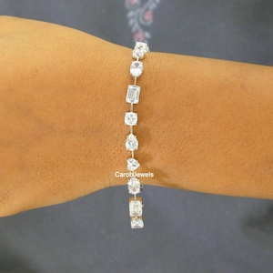 Gorgeous Distance Pave Set Diamond Bracelet, Horizontal Multi Shape Moissanite Bracelet, Tennis Wedding Bracelet, 18K White Gold Bracelet