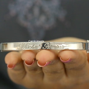 Customized Bangle Bracelet, 10k White Gold Custom Name Bangle, Date Name Engraved Bracelet, Engagement Gifts For Her, Handmade Jewelry