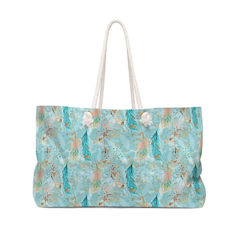 Peach And Blue Peacock Feather Art Print On A Roomy 24X13 Inch Weekender Bag Tote