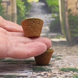 Op de afbeelding: Twee kleine bloempotten in terracotta-kleur met een gebeeldhouwd bloemmotief. De potten worden in een hand gehouden, wat hun miniatuurformaat laat zien. De randen hebben een vleugje groen. Deze decoratieve potten zijn ideaal voor miniatuurtuinen.